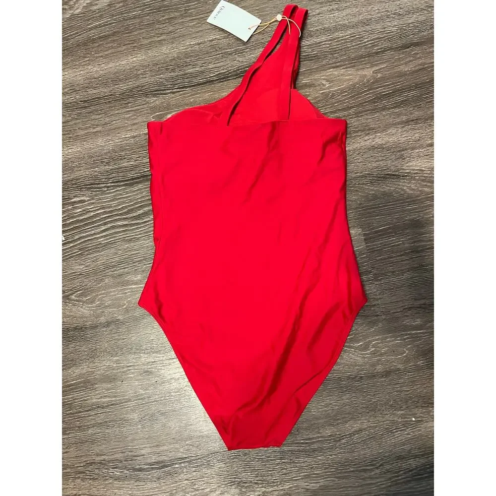 Quince Italian One Shoulder One-Piece Swimsuit in Cherry Red Size M